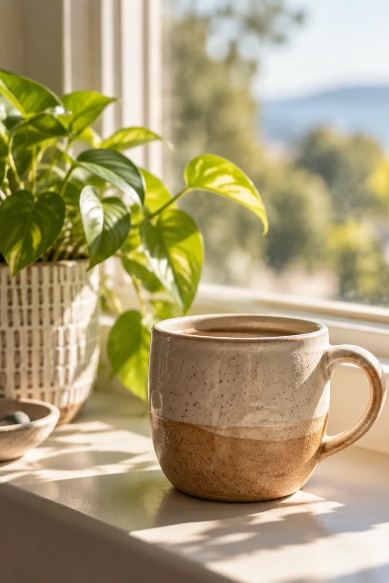Mug and plant on a sunny sill capturing small everyday joys