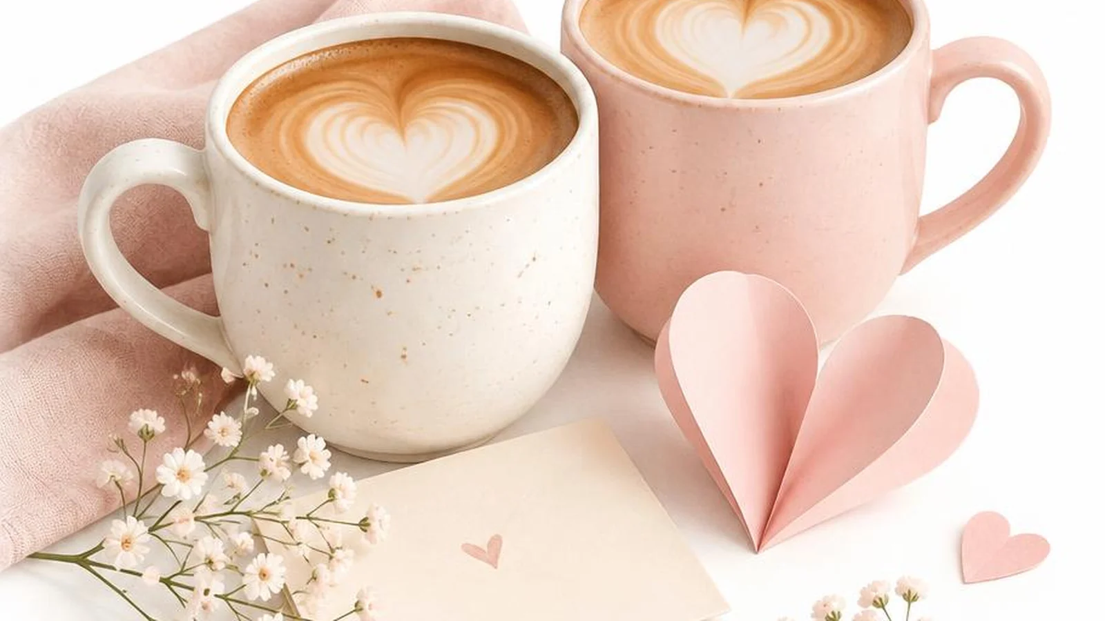 White-background love illustration with two cups and a folded paper heart.