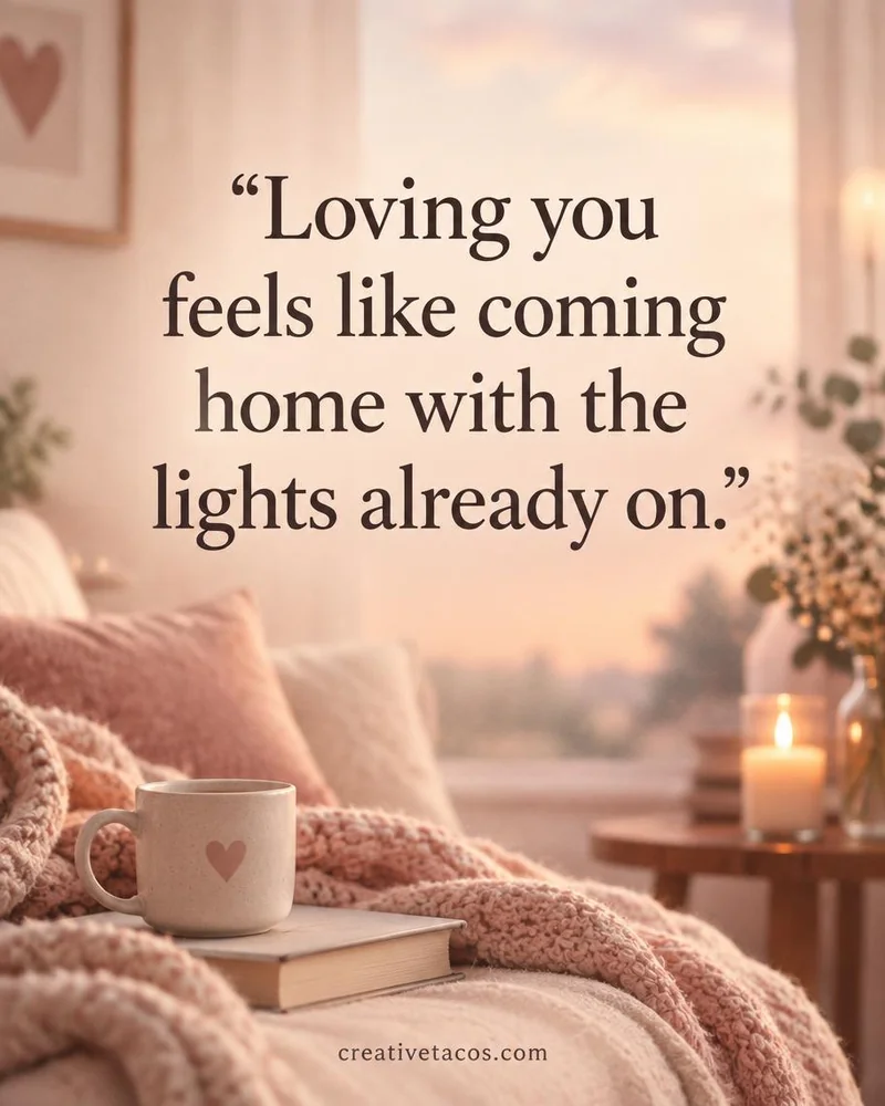 Quote card: Loving you feels like coming home with the lights already on.