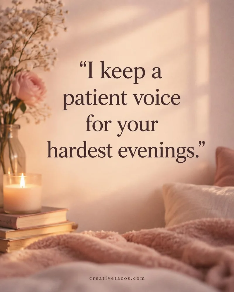 Quote card: I keep a patient voice for your hardest evenings.