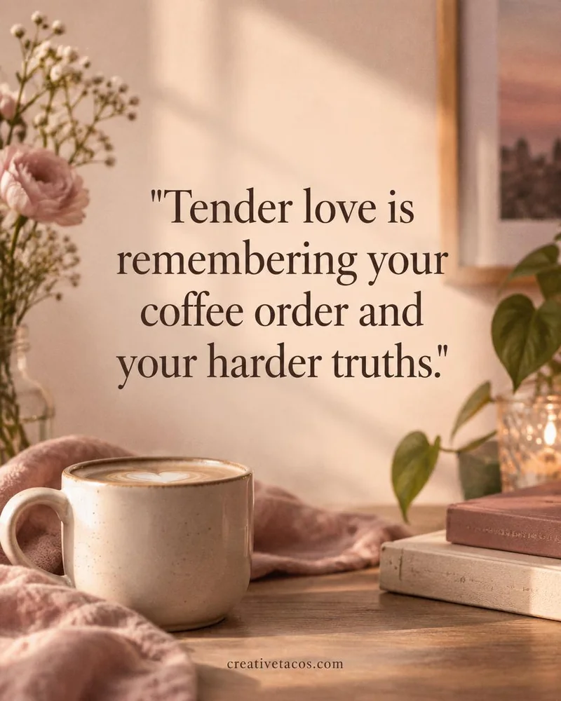 Quote card: Tender love is remembering your coffee order and your harder truths.