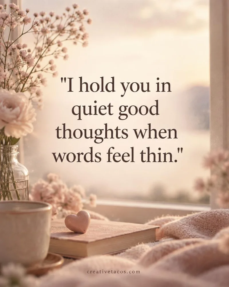 Quote card: I hold you in quiet good thoughts when words feel thin.