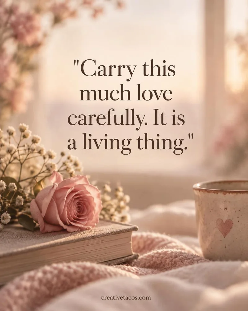 Quote card: Carry this much love carefully. It is a living thing.