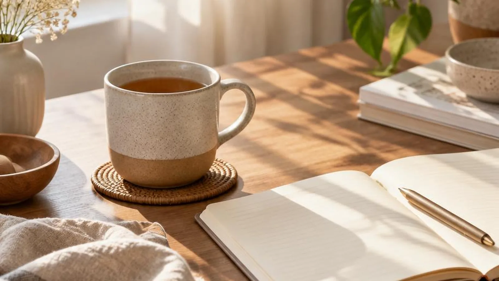 Calm morning table with tea and notebook for soft life habits