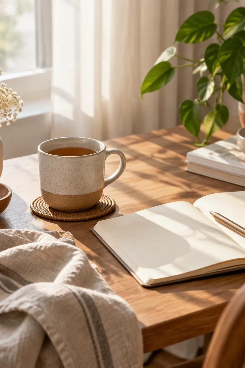 Soft morning table with tea, notebook, and calm light for soft life habits