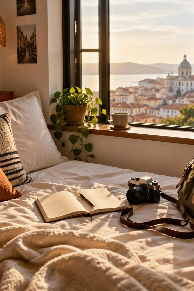 A sunlit window seat with a small backpack and notebook ready for a first solo trip