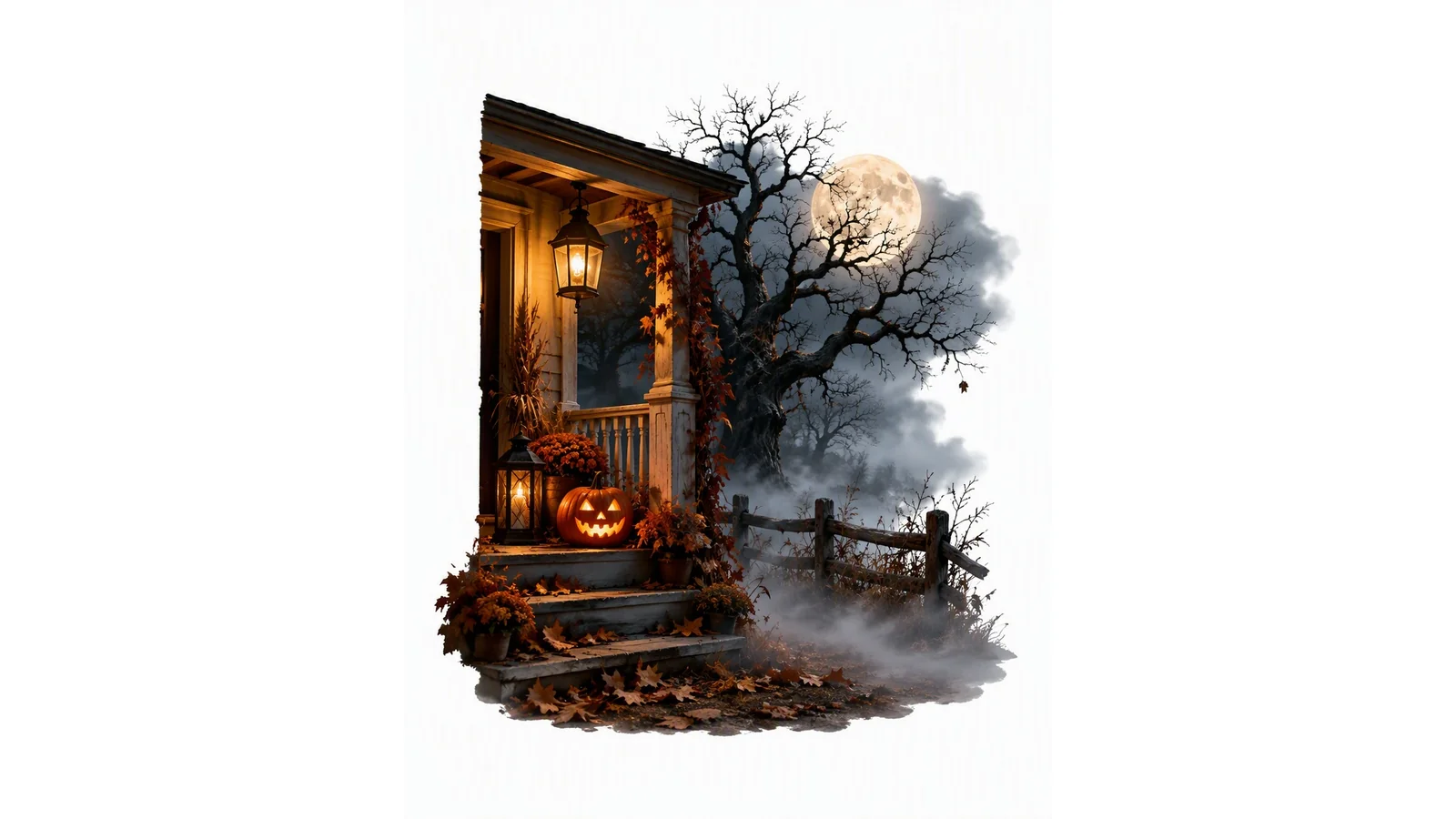Spooky October night scene with fog, porch lantern, pumpkin silhouette, and soft moonlight on clean white background