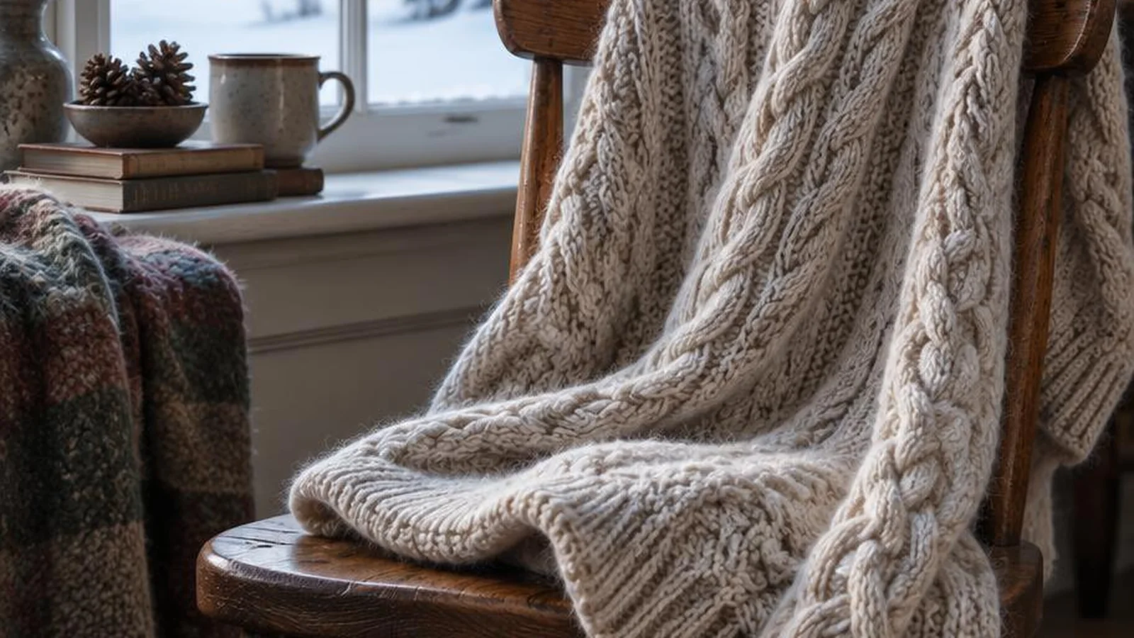 Favorite knit sweater draped over a chair by a chilly window.
