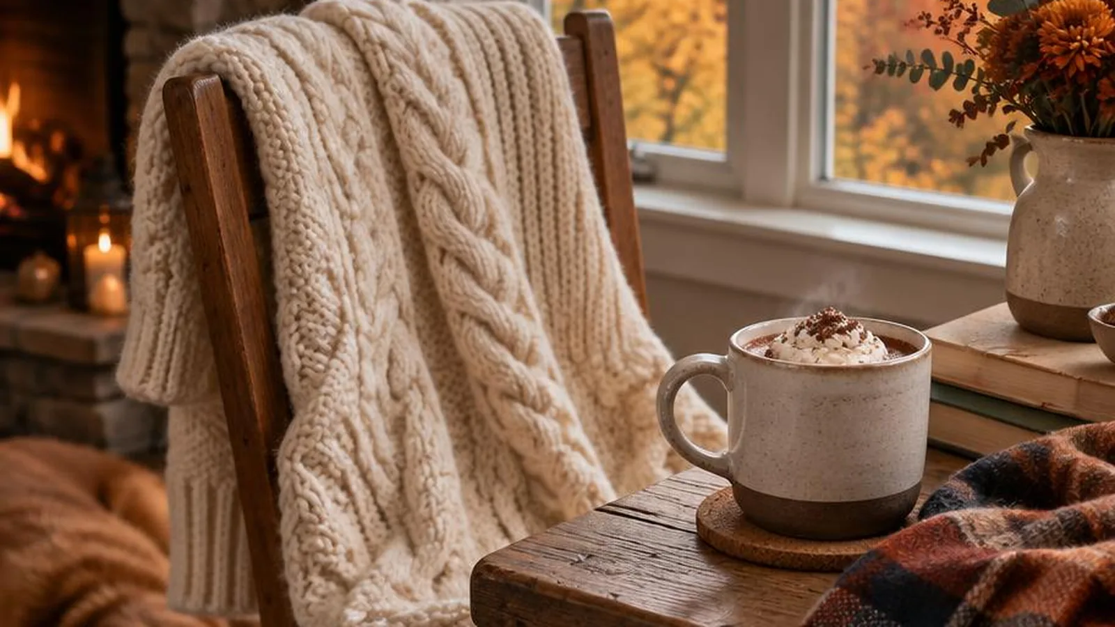 A cozy knit sweater draped over a chair beside a cocoa mug, scarf, and window light with autumn trees outside.