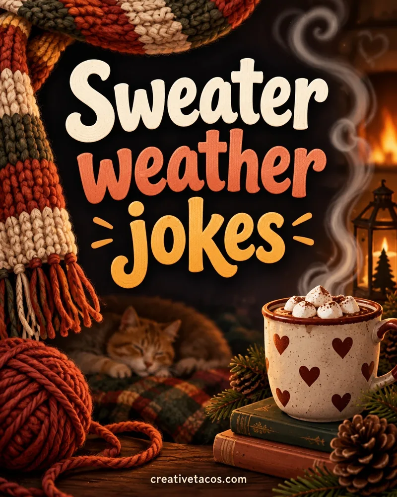 sweater weather joke card with cozy seasonal props and a creativetacos.com footer