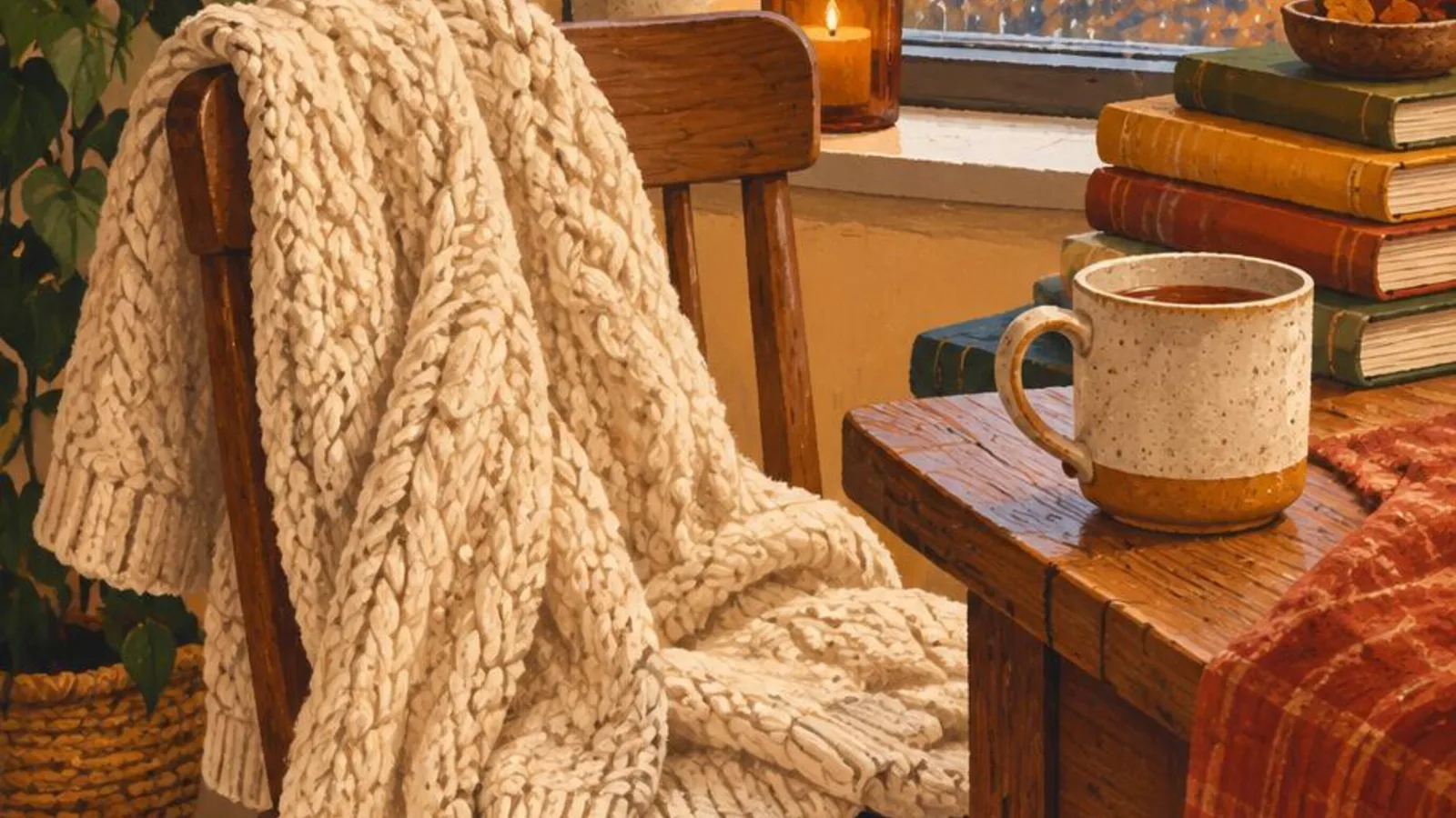 Chunky cream knit sweater on a wooden chair beside a rainy window and a warm mug