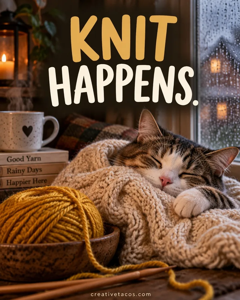 Pun card that says Knit happens with a chunky sweater, rainy window, and a creativetacos.com footer