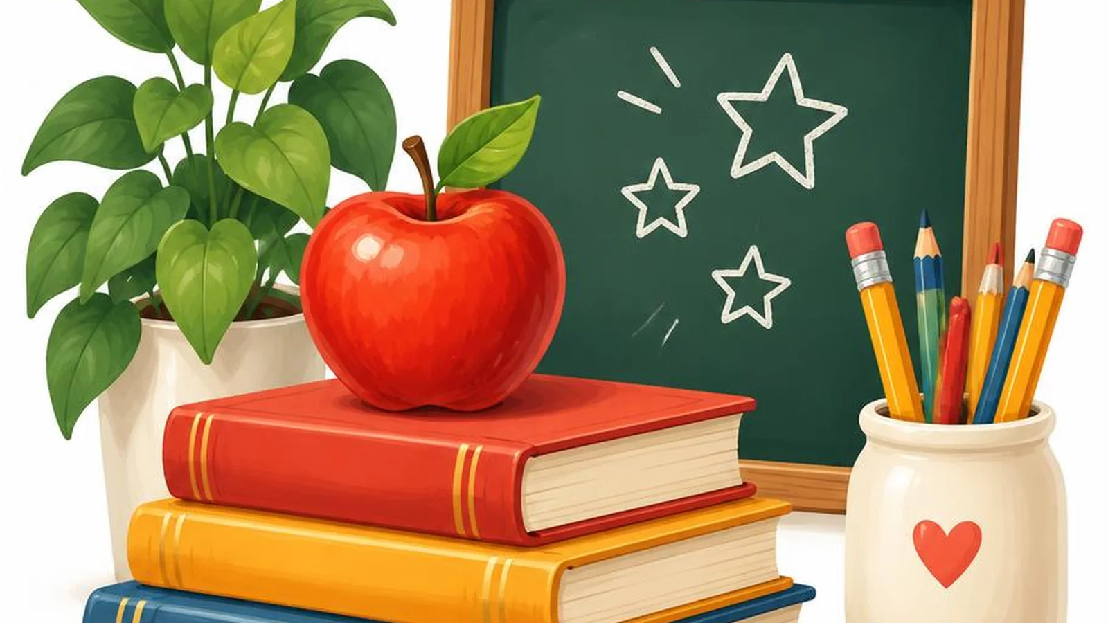 White background Teachers Day illustration with apples, books, chalkboard accents, and warm classroom details.