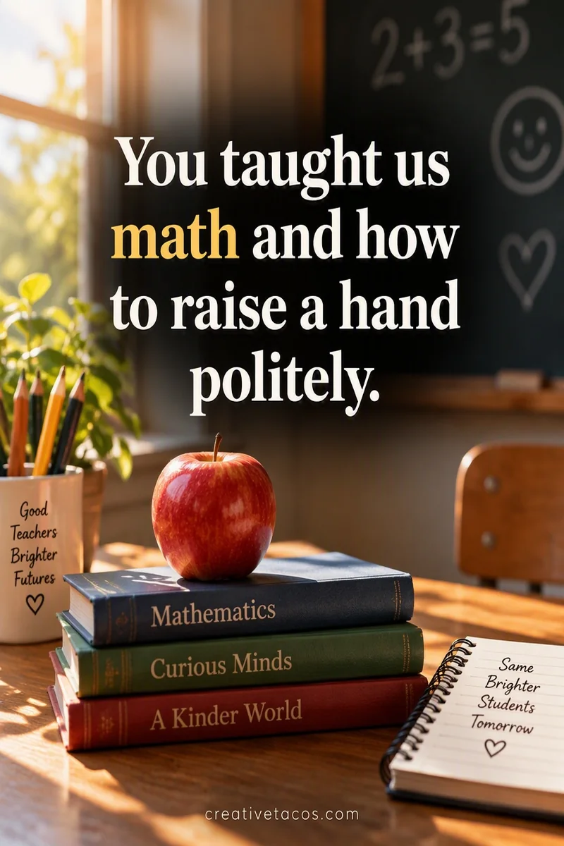 Quote card: You taught us math and how to raise a hand politely.
