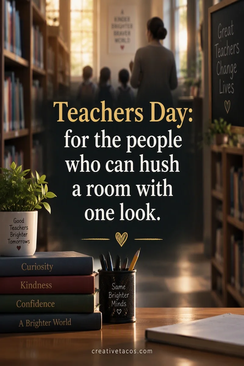Quote card: Teachers Day: for the people who can hush a room with one look.