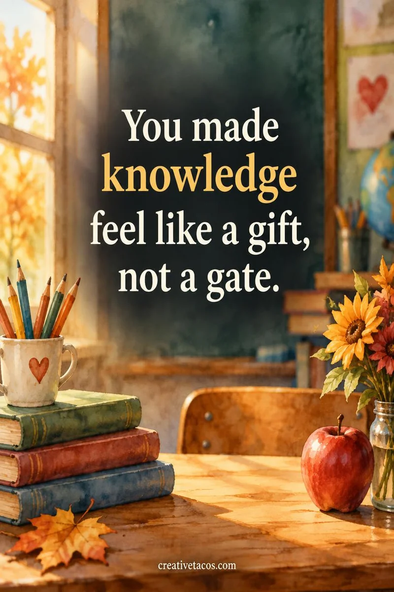 Quote card: You made knowledge feel like a gift, not a gate.