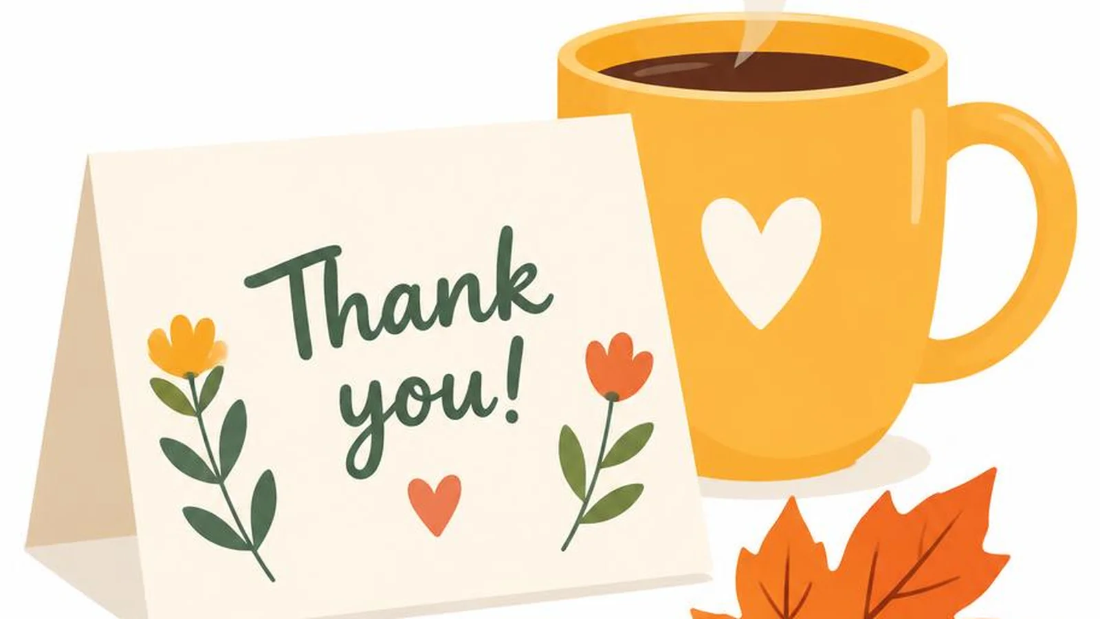 Friendly illustration of a thank-you note, steaming mug, and autumn leaf on a white background.