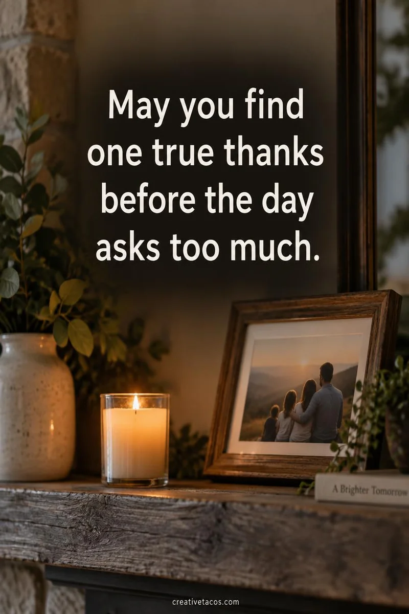 Quote card: May you find one true thanks before the day asks too much.
