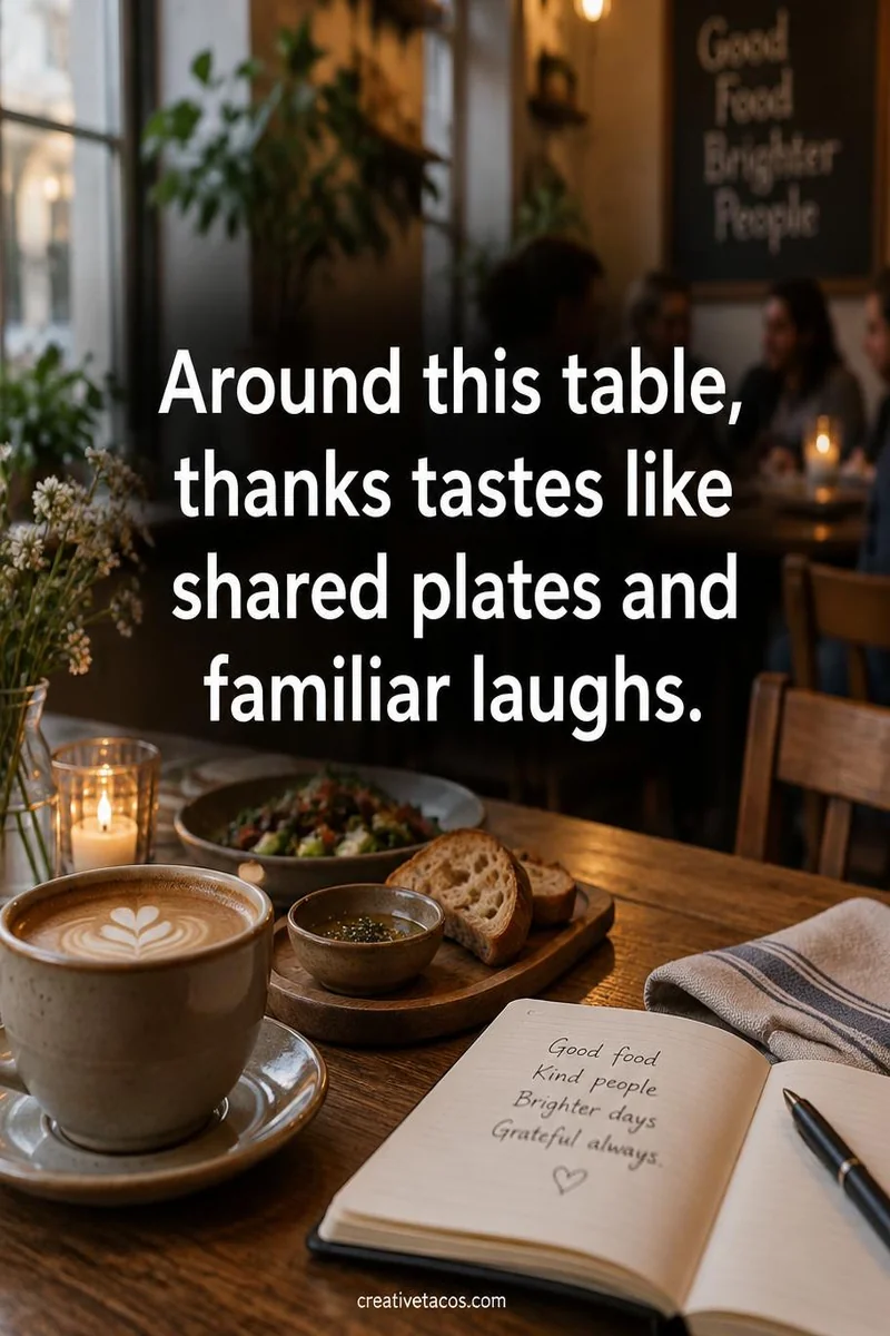Quote card: Around this table, thanks tastes like shared plates and familiar laughs.