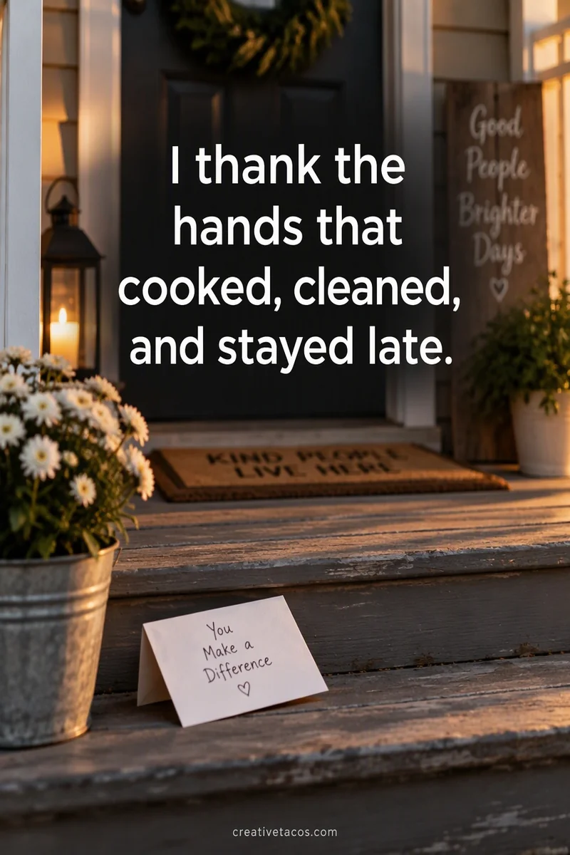 Quote card: I thank the hands that cooked, cleaned, and stayed late.