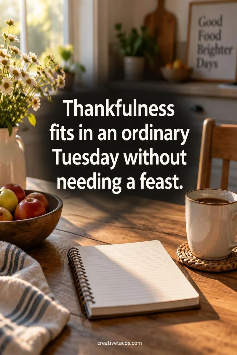 Quote card: Thankfulness fits in an ordinary Tuesday without needing a feast.