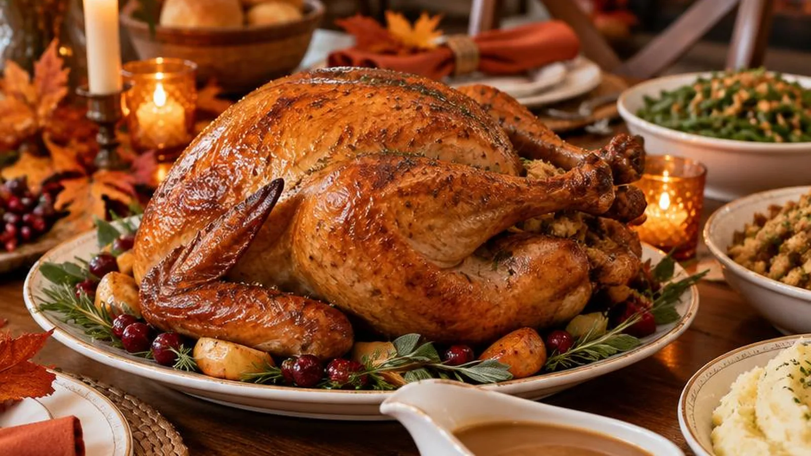 A warm Thanksgiving table with a roasted turkey, gravy boat, autumn napkins, and soft candlelight.