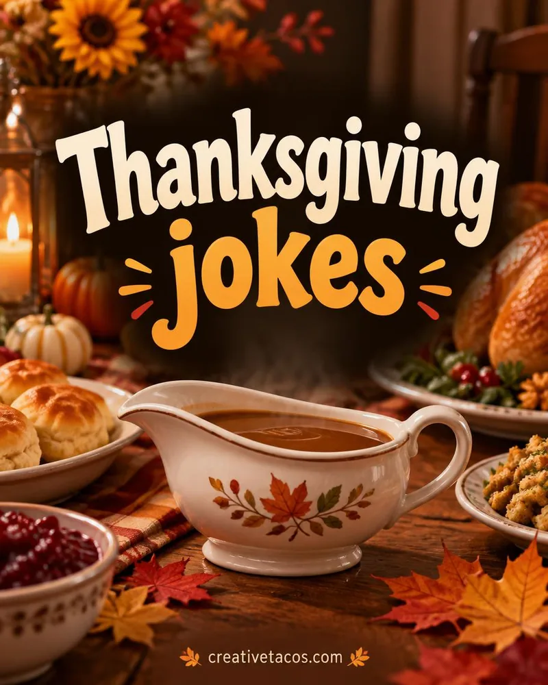 thanksgiving joke card with cozy seasonal props and a creativetacos.com footer