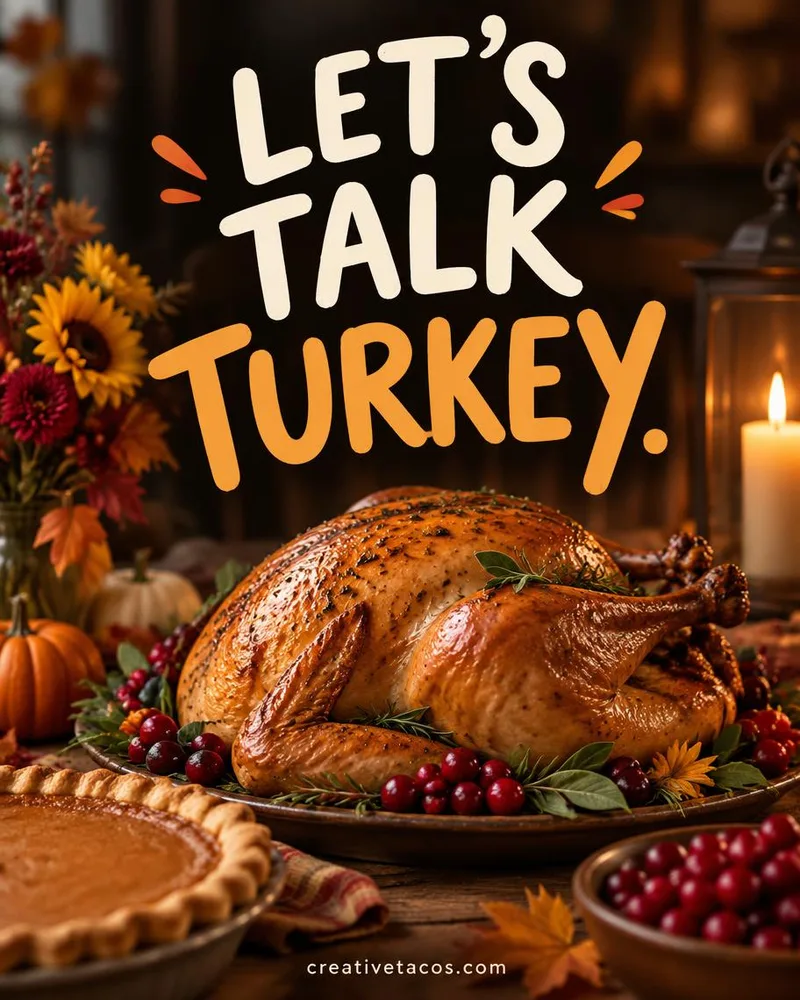 Pun card that says Let's talk turkey with pie, cranberries, and a creativetacos.com footer