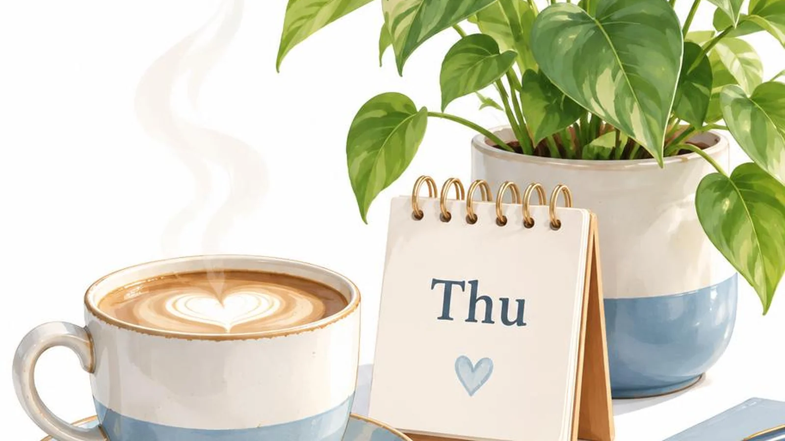 White-background Thursday greeting illustration with coffee, calendar, and plant.