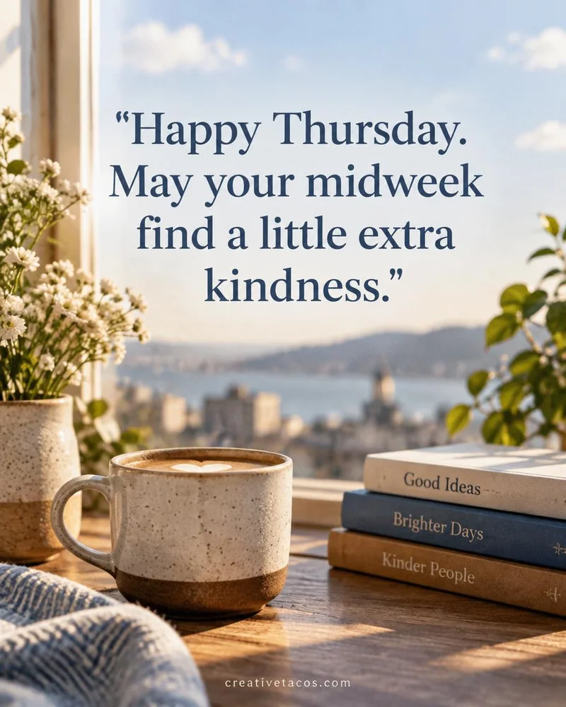 Quote card: Happy Thursday. May your midweek find a little extra kindness.