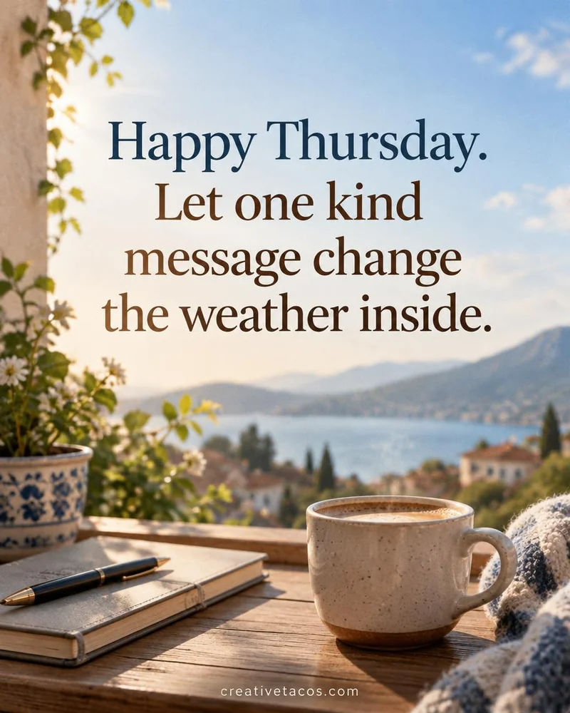 Quote card: Happy Thursday. Let one kind message change the weather inside.