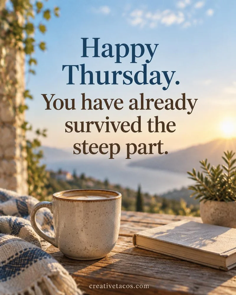 Quote card: Happy Thursday. You have already survived the steep part.