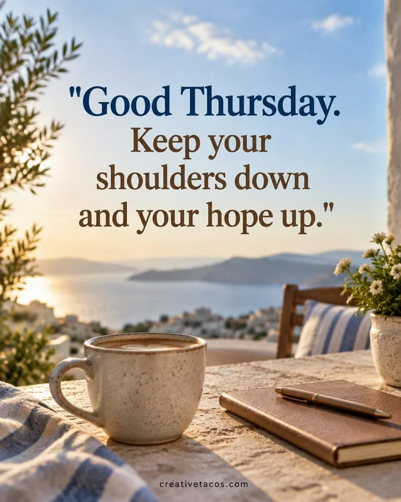 Quote card: Good Thursday. Keep your shoulders down and your hope up.