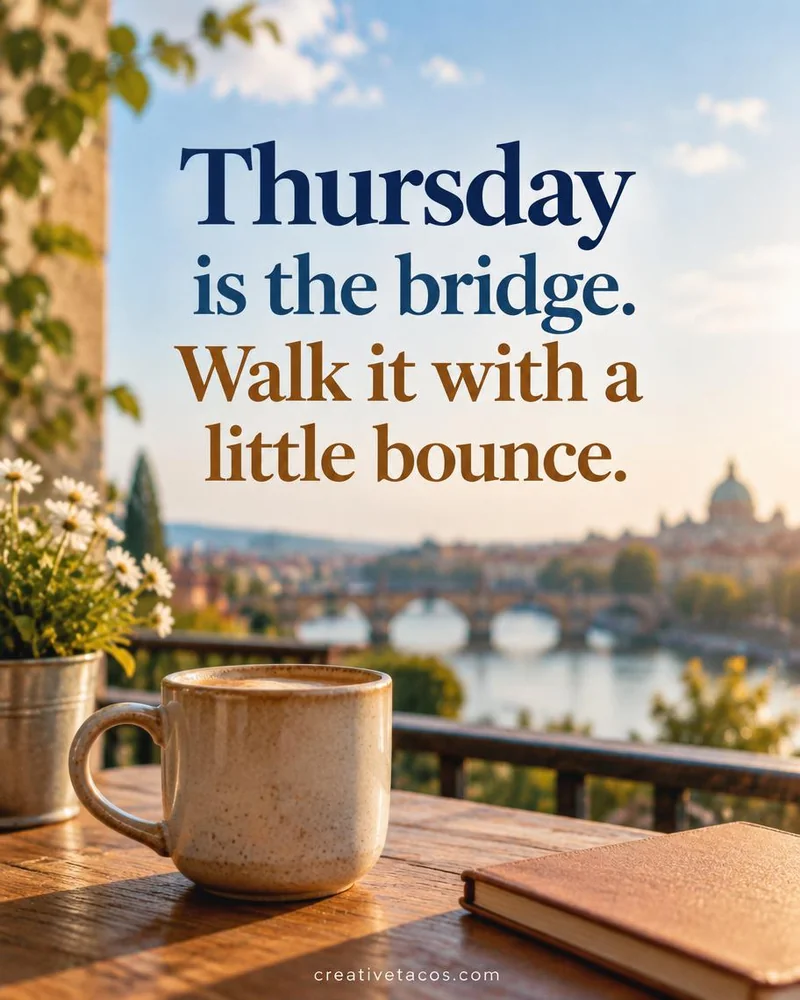 Quote card: Thursday is the bridge. Walk it with a little bounce.