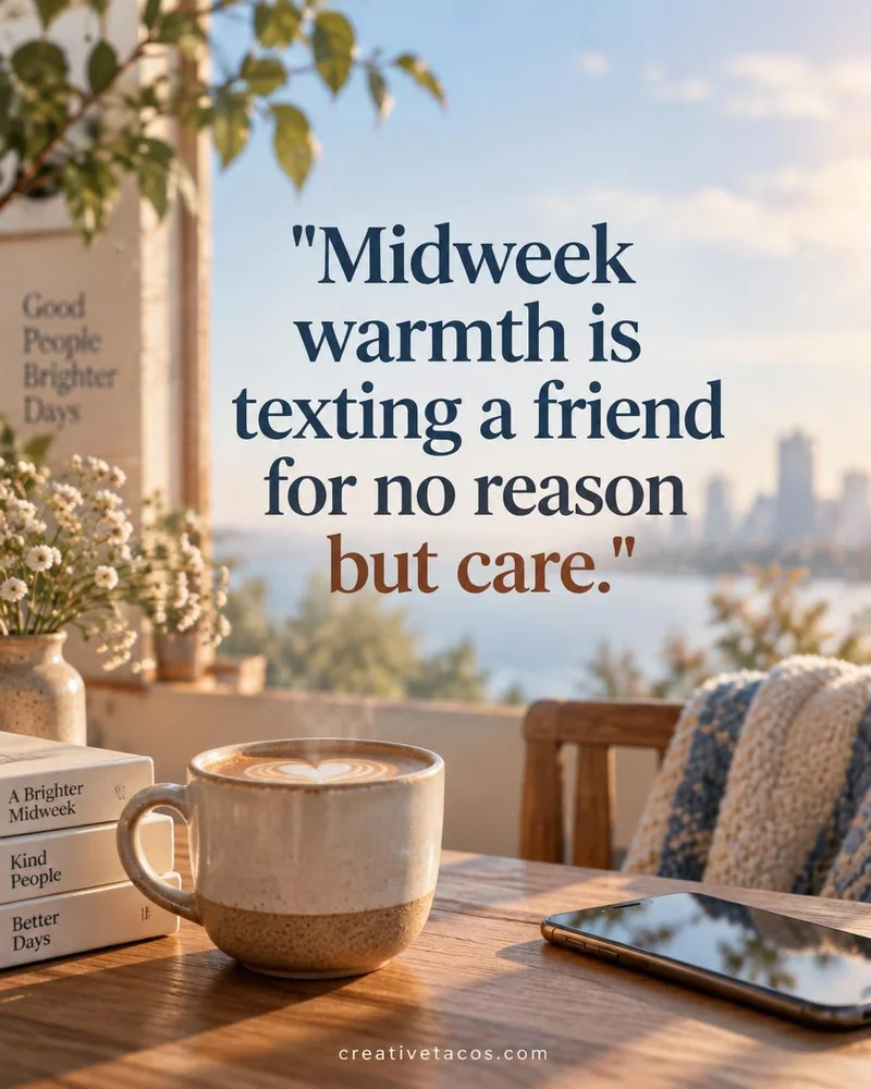 Quote card: Midweek warmth is texting a friend for no reason but care.