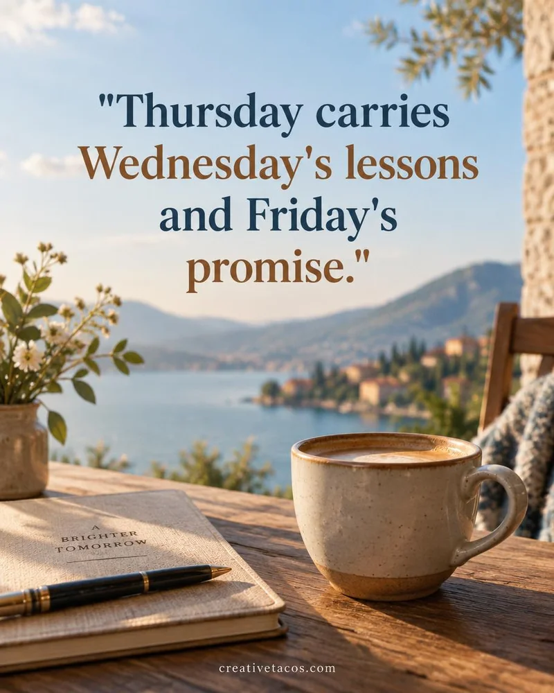 Quote card: Thursday carries Wednesday's lessons and Friday's promise.