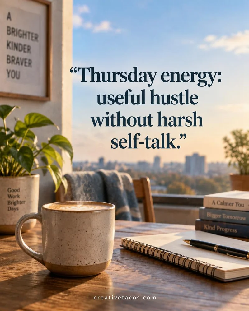 Quote card: Thursday energy: useful hustle without harsh self-talk.
