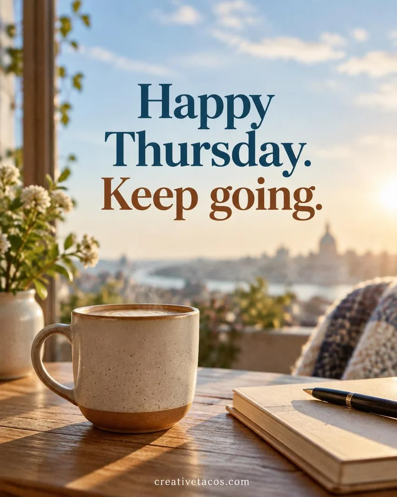 Quote card: Happy Thursday. Keep going.