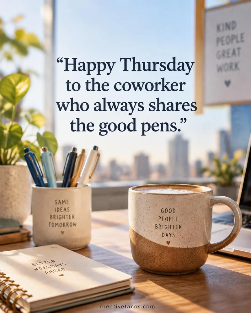 Quote card: Happy Thursday to the coworker who always shares the good pens.