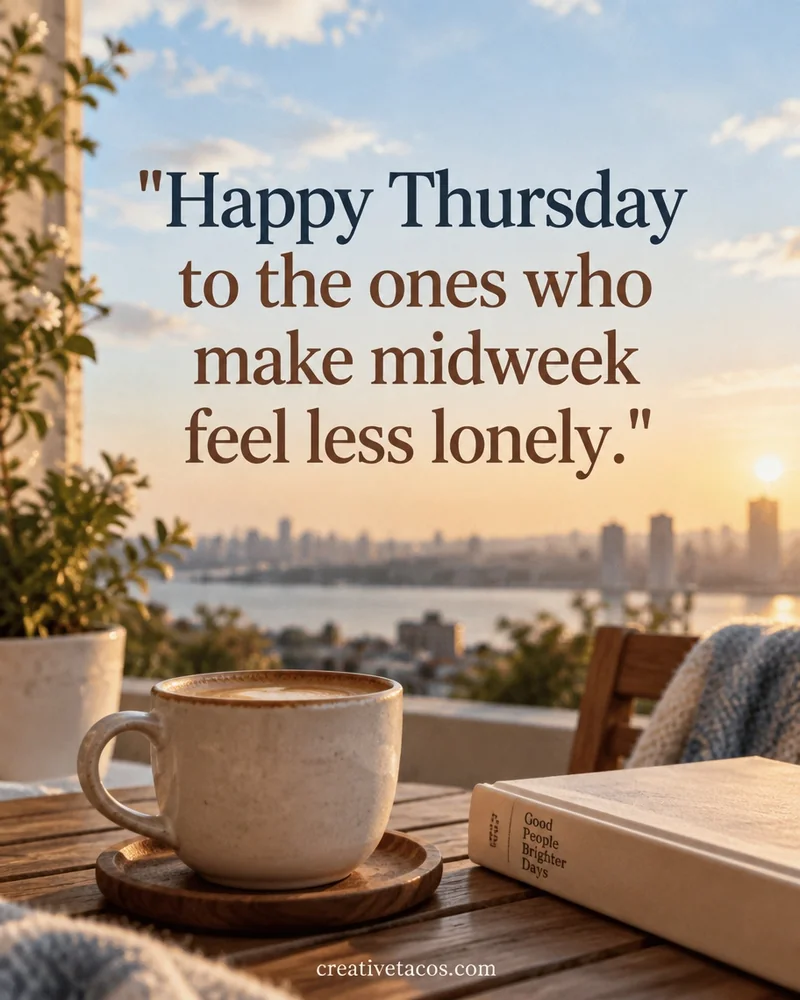 Quote card: Happy Thursday to the ones who make midweek feel less lonely.