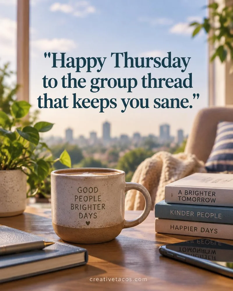 Quote card: Happy Thursday to the group thread that keeps you sane.