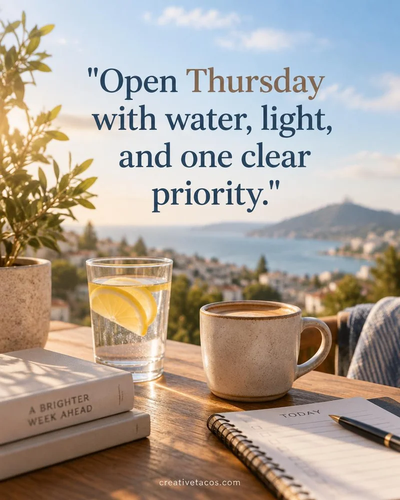 Quote card: Open Thursday with water, light, and one clear priority.