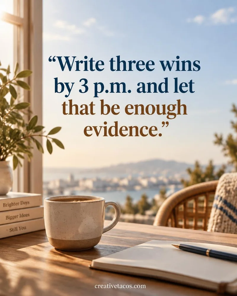 Quote card: Write three wins by 3 p.m. and let that be enough evidence.
