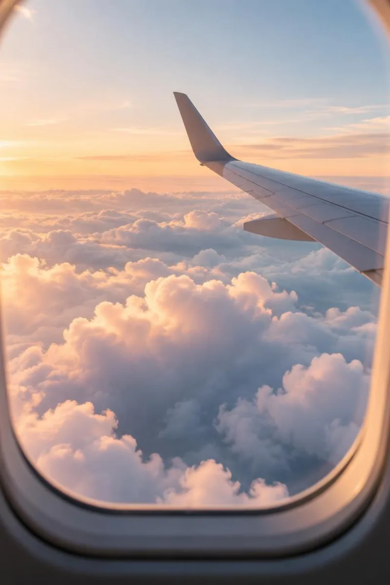 Vertical airplane window mood with clouds and calm travel energy