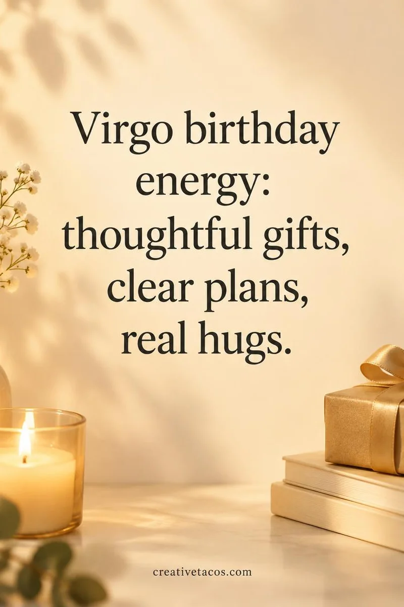 Quote card: Virgo birthday energy: thoughtful gifts, clear plans, real hugs.