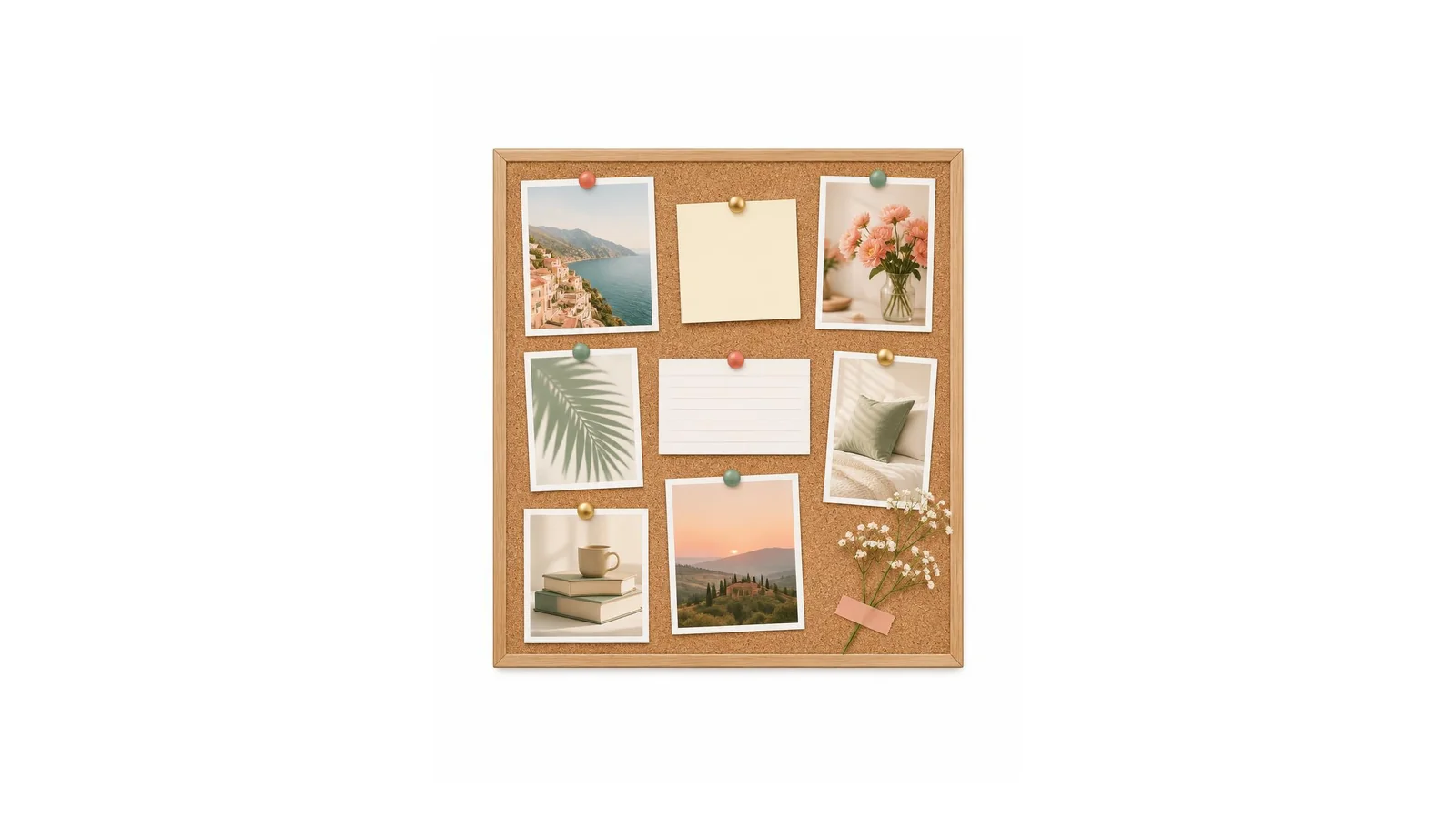 White background illustration of a vision board with pins, photos, and a short quote card.