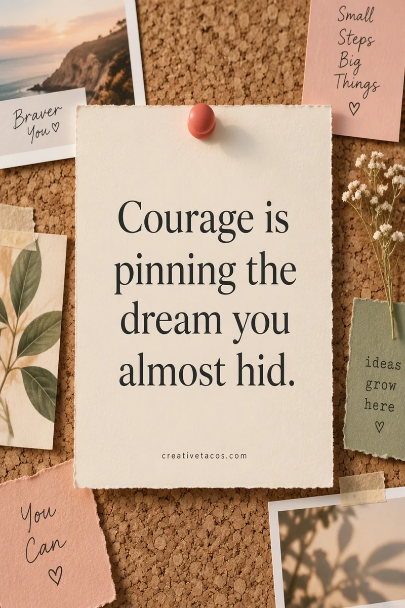 Quote card: Courage is pinning the dream you almost hid.