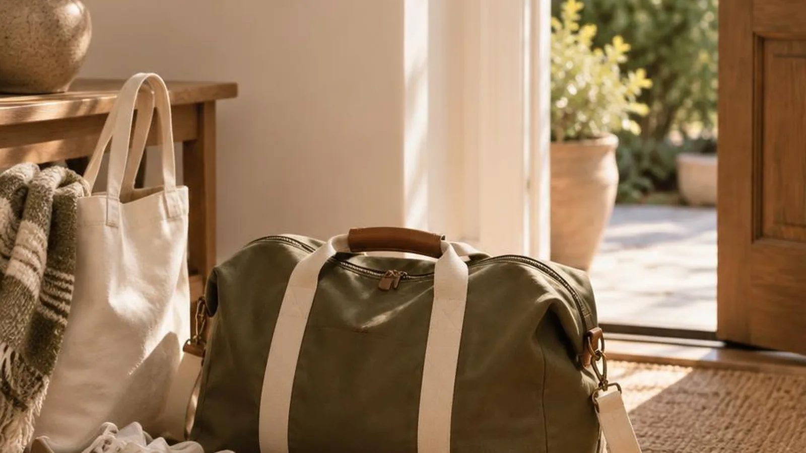 A packed weekend bag by a bright doorway for a close-to-home getaway