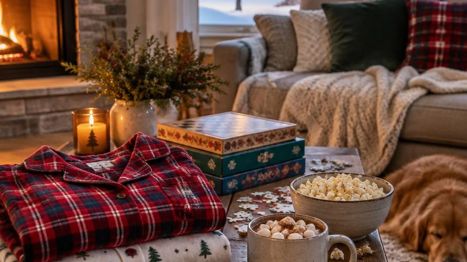 A cozy winter break living room with pajamas, cocoa, board games, and soft window light over a quiet street.