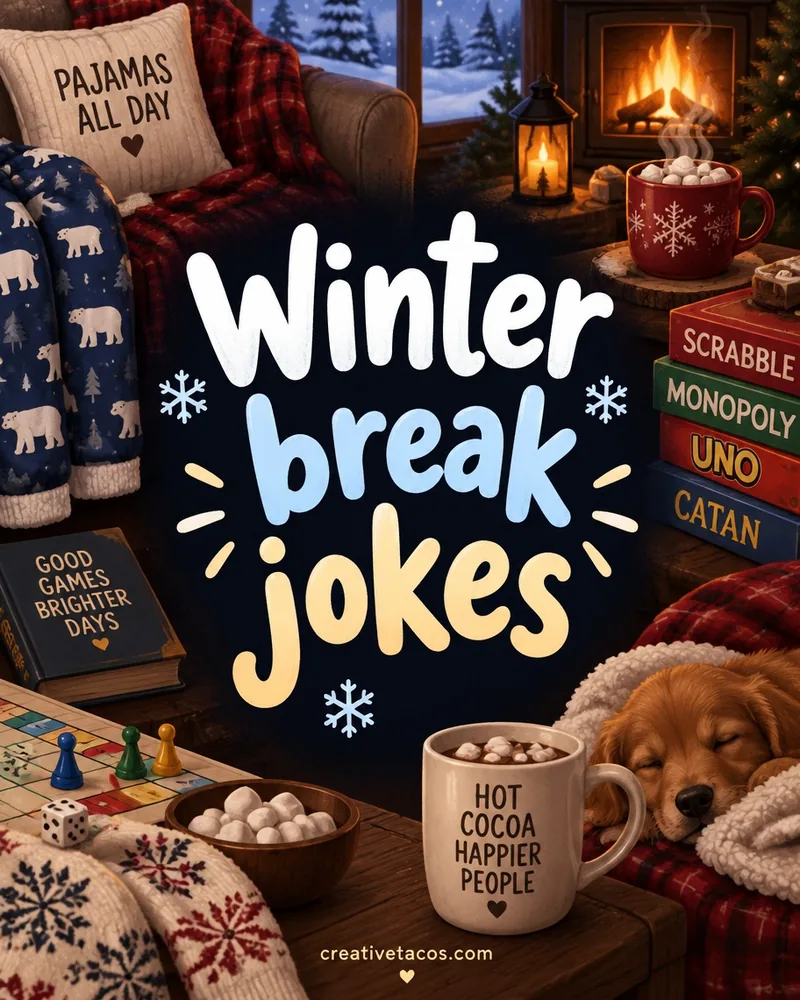 winter break joke card with cozy seasonal props and a creativetacos.com footer